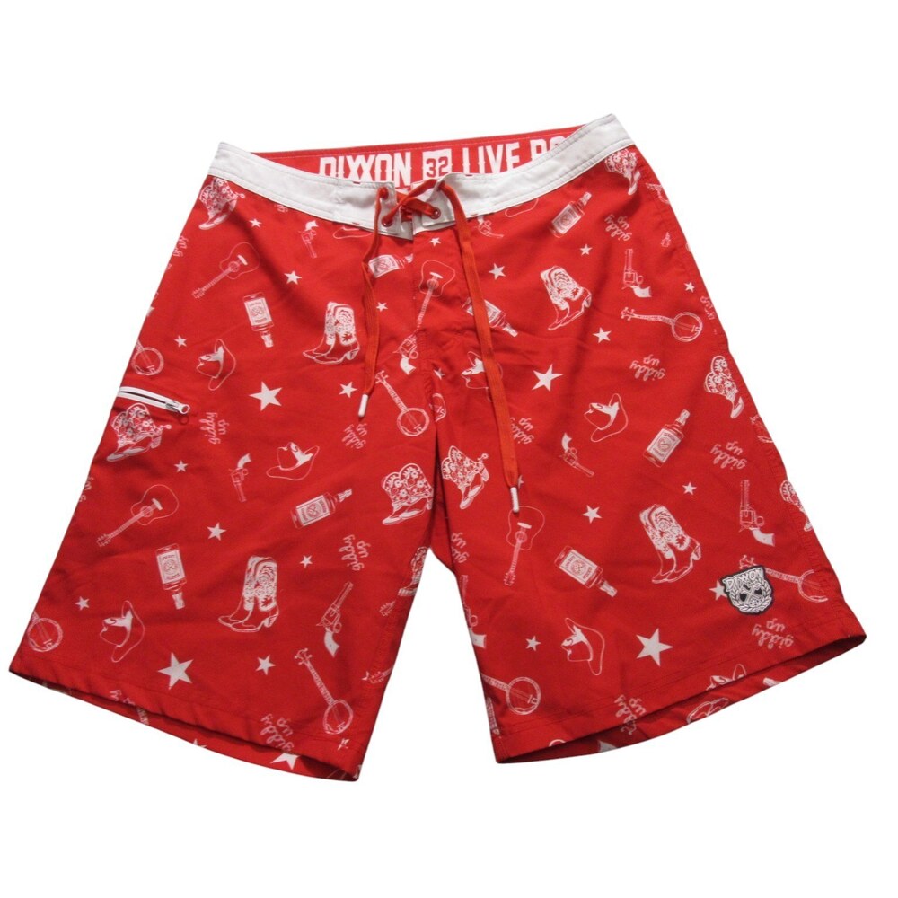 Dixxon‎ Mens Swim Trunks 32 Red Allover Western Whiskey Cowboy 100%